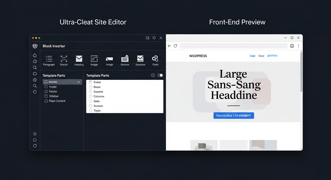 WordPress site editor open on a block theme, with the front-end preview to the right of the block inserter.